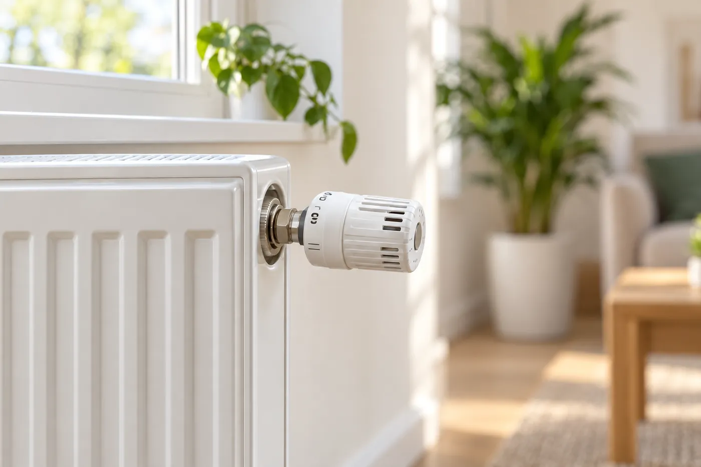 Radiateur blanc équipé d'un robinet thermostatique dans un salon lumineux